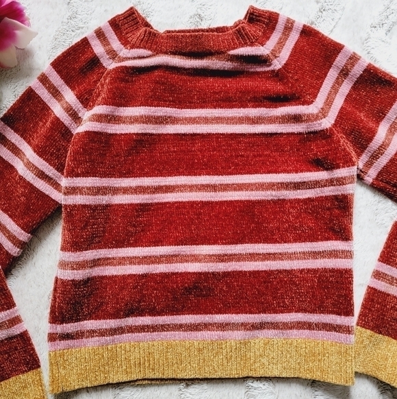 Francescas Alya Lindsay Striped Chenille Soft Fall Red Yellow Hem Sweater Size M - Picture 8 of 12